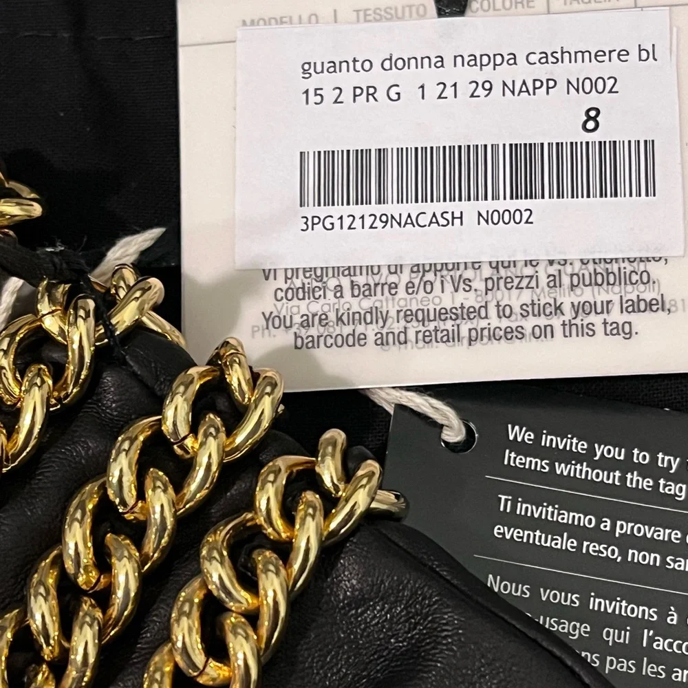 MOSCHINO BOUTIQUE NWT AUTHENTIC RARE GOLD LINK CHAIN BLACK LEATHER SOFT GLOVES